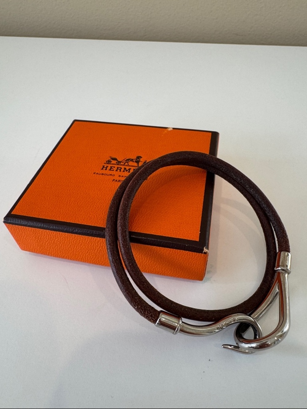 Hermes Orange Box with Brown Leather Double Wrap Bracelet or choker Silver Hook